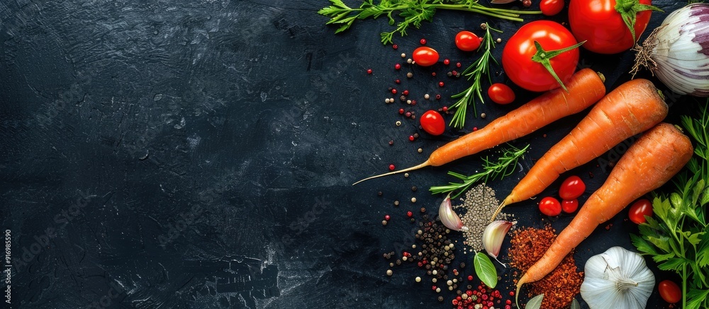 Aufkleber top view of various fresh vegetables like carrots tomatoes onions garlic and paprika arranged in a h