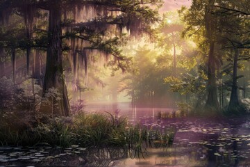 Obraz premium A serene landscape featuring a tranquil swamp with lush trees and soft, ambient lighting.