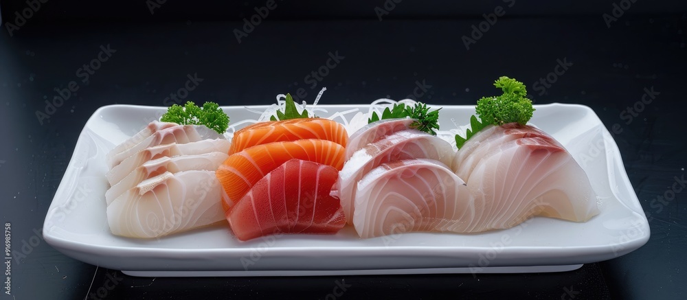 Poster slices of ama ebi hamaji and hotate sashimi displayed on a white plate against a black backdrop with