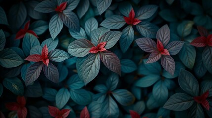 A collection of leaves with rich teal and deep red hues create a striking foliage pattern.