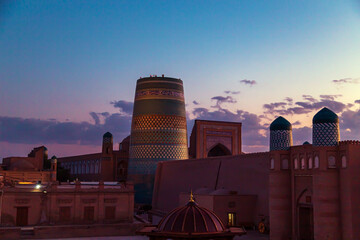 Kalta Minor minaret at sunset. UNESCO cultural heritage site.