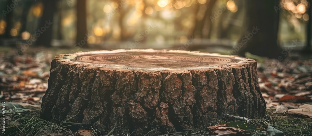 Aufkleber a pine tree stump displaying growth rings cracks and offering space for a picture. creative banner. 
