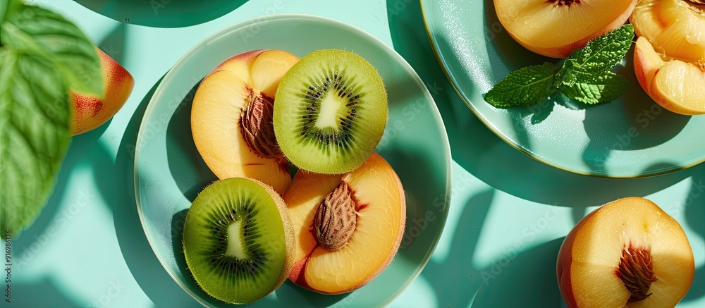 Aufkleber kiwis and peaches sliced on plates against a mint backdrop with copy space image