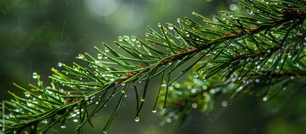 Poster A pine branch adorned with dew droplets offering a blank area for additional content in the image