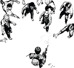 Zombies apocalypse a man surrounded by zombies in a comic style vector art for background or decoration