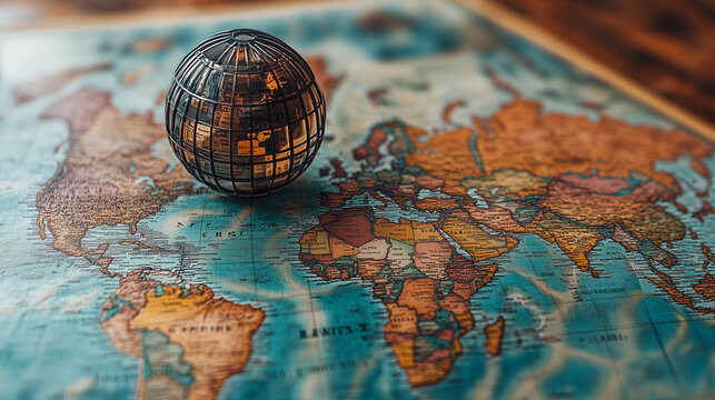 Global Exploration: A vintage globe sits atop a worn world map, inspiring wanderlust and a yearning for adventure. The rustic texture and faded colors evoke a sense of nostalgia and a longing for fara