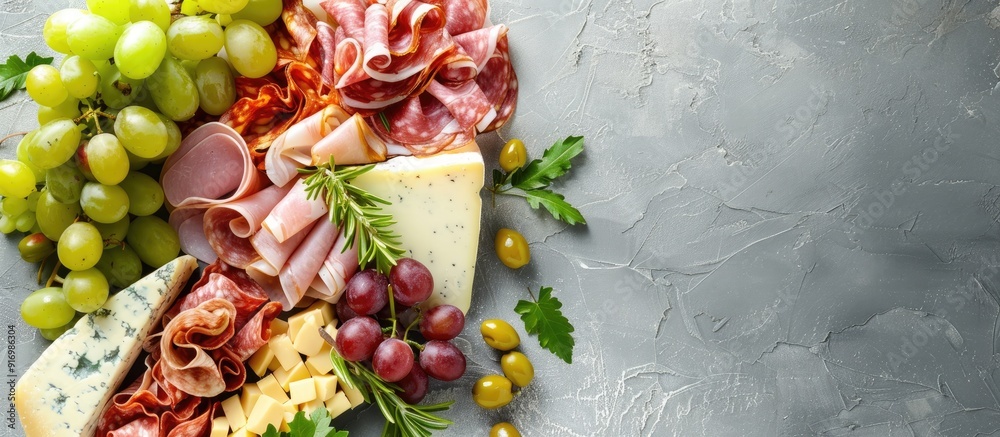 Poster top view of a varied antipasto platter on a gray background with cold meats cheeses and grapes ample
