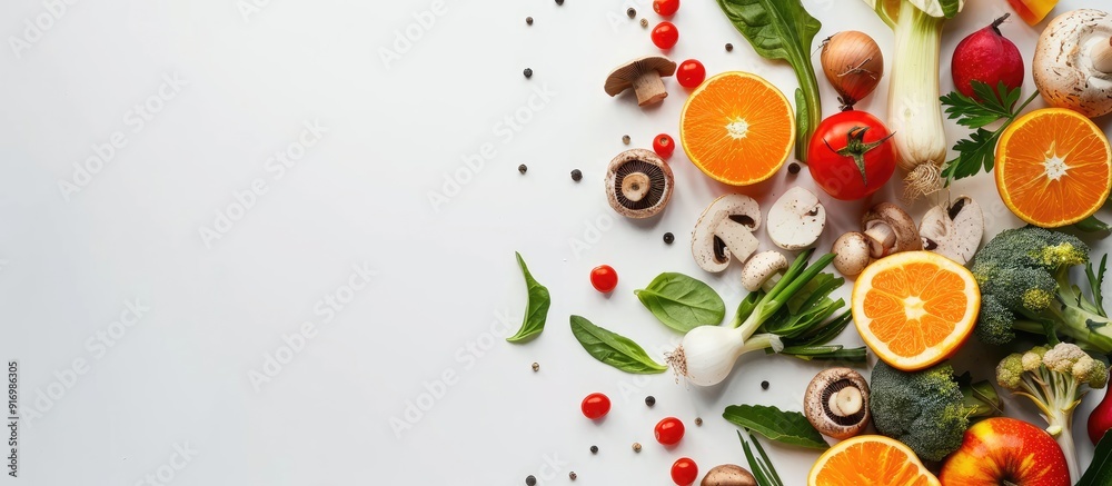 Poster a variety of fresh fruits and vegetables along with mushrooms are beautifully displayed on a white b