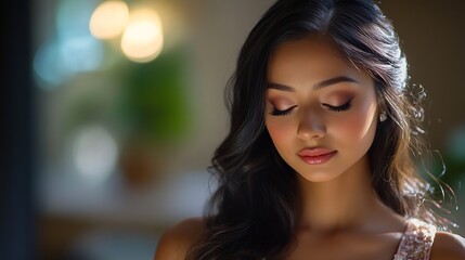 Obraz premium A beautiful young woman with long hair doing makeup for a wedding or photo shoot the work of a makeup artist the morning of the bride : Generative AI