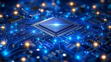 A glowing microchip sits at the heart of an intricate blue circuit board, pulsing with electronic energy.