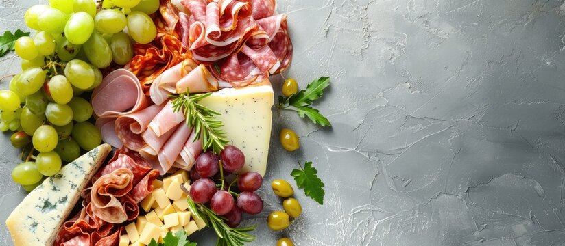 Top view of a varied antipasto platter on a gray background with cold meats cheeses and grapes Ample copy space image available