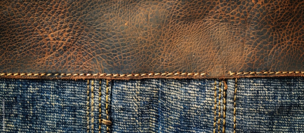 Poster copy space image on a label of brown leather with a textural appearance against a background of blue