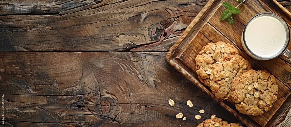 Aufkleber oatmeal cookies and milk on a rustic wooden table tray with a copy space image