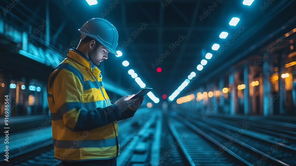 Aufkleber Engineer using tablet checking and analysis data systems electrics of track on railway on networking Modern Industrial and transportation : Generative AI