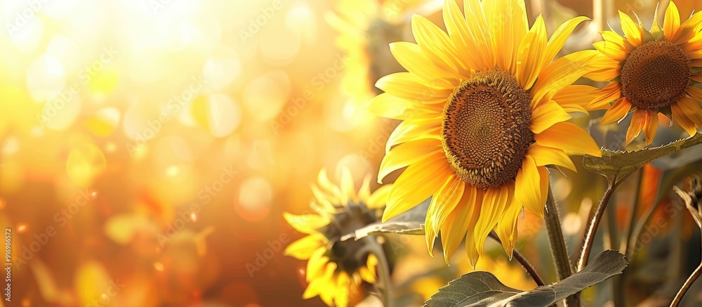 Poster sunflowers blooming elegantly with a vibrant backdrop ideal for a copy space image