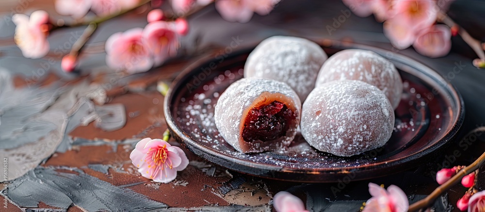 Poster Ohagi filled with delicious sweet red bean paste displayed in a serene copy space image