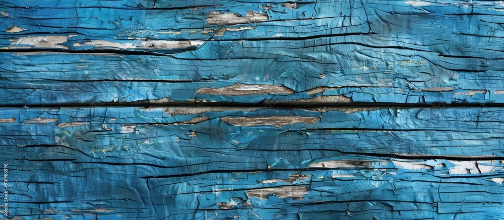 Poster High resolution top view image of a blue wooden background featuring a crackling effect ideal for copy space