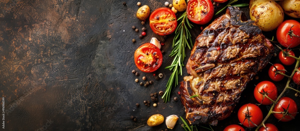 Poster tasty grilled steak with a rustic backdrop for copy space image