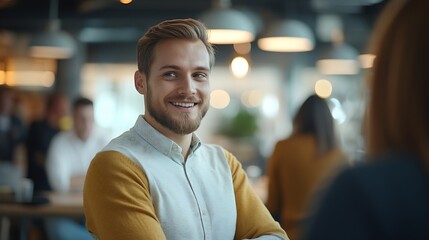 Obraz premium Team chat and meeting in office cafeteria with diversity casual conversation and brainstorming ideas People male leader and social in workplace for inspiration motivation and pep talk : Generative AI