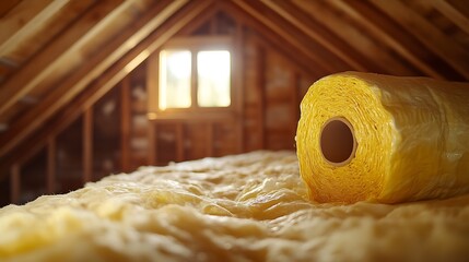 artistic blurring and selective focus of the boards on the background of a yellow roll of insulation in the attic of a wooden house : Generative AI