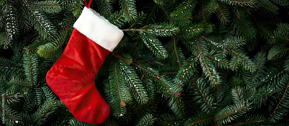 Fototapete stocking hung on a fir tree with copy space image