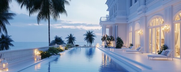Fototapeta premium A serene luxury villa with a pool overlooking the ocean at twilight.