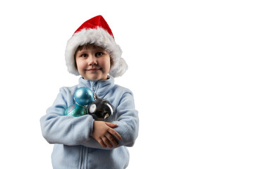 A child wearing a Santa Claus hat with Christmas tree toys (glass balls) to decorate the Christmas tree in his hands. Png.