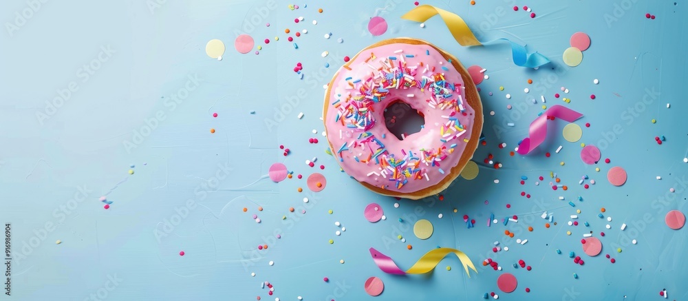Poster Pink donut with decorative flags and confetti on blue backdrop isolated for copy space image