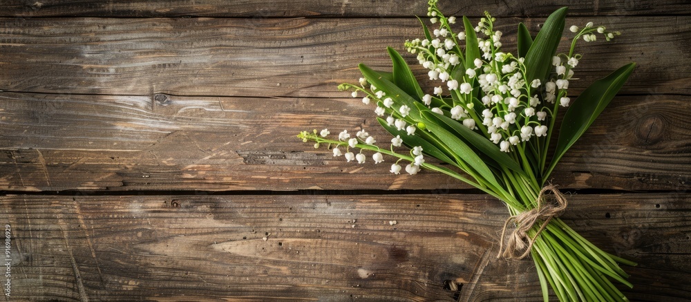 Poster lily of the valley bouquet on aged wooden table background with copy space image