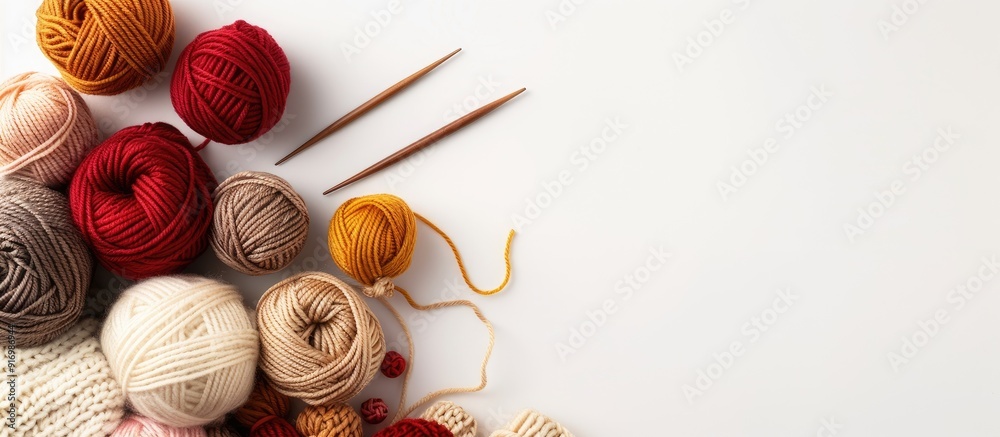 Poster Various types of wool yarn wooden knitting tools and yarn balls on a white background for needlework and DIY projects with a copy space image