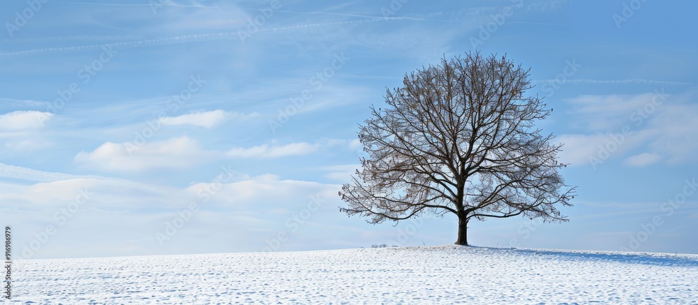 Poster Winter backdrop featuring a bare deciduous tree with a clear copy space image