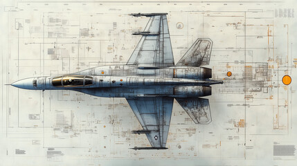 F-18 Super Hornet Blueprint: A detailed top-down view of an F-18 Super Hornet fighter jet, rendered in exquisite detail against a backdrop of technical blueprints, capturing the raw power and precisio