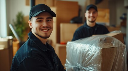 Portrait of a two young smiling male movers packing furniture in the living room Moving service men workers wrapping chair with plastic wrap Move moving day and relocation concept : Generative AI
