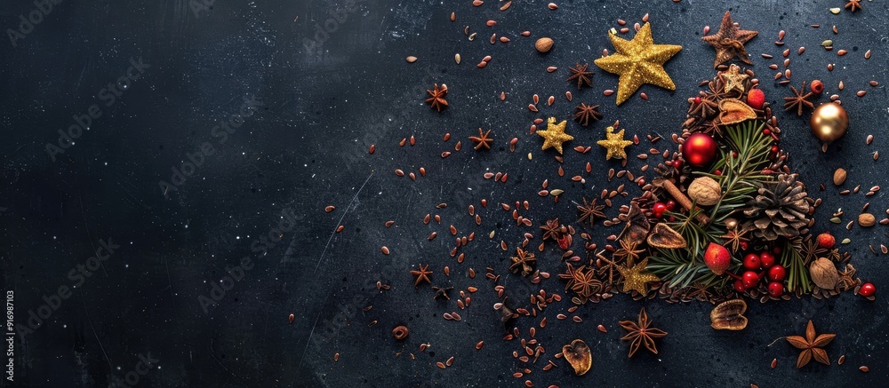 Fototapete flax seed and dried fruit christmas tree and comet displayed on a black backdrop with copy space ima
