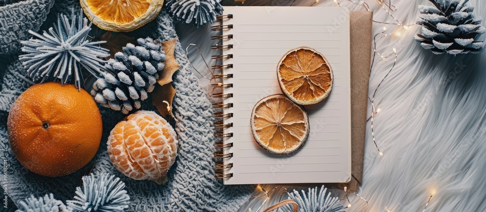 Aufkleber winter themed decorations including cones branches dried orange slices and a notebook mockup enhance