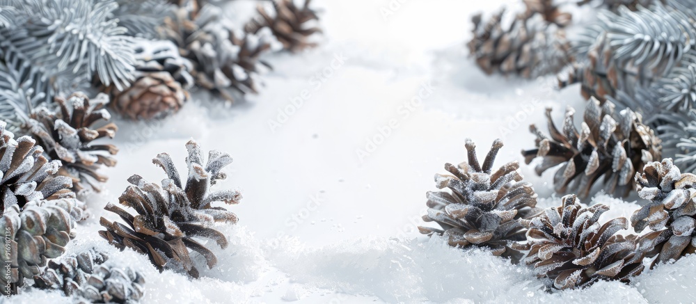 Poster a festive christmas themed border design featuring pinecones covered in snow against a copy space im