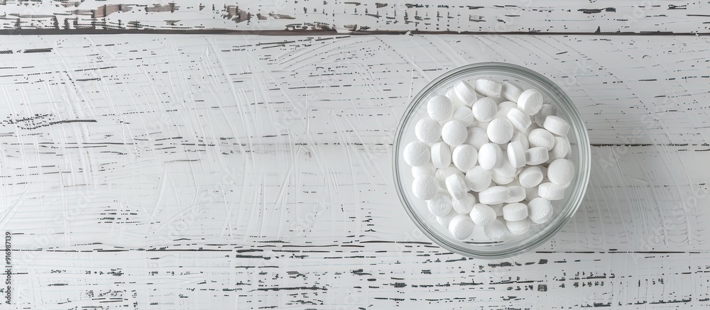 Poster glass dish with sugar coated pills placed on a white wooden surface creating a visually appealing co