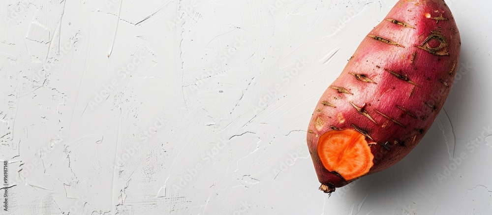 Poster white background for a solo sweet potato with space for text or visuals. creative banner. copyspace 