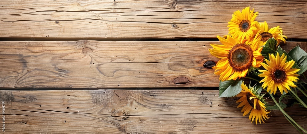 Poster old wooden table with sunflower bouquet perfect for text on background copy space image