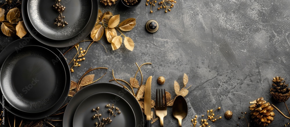 Poster sophisticated table arrangement featuring black dishes gold foliage and silverware against a backdro