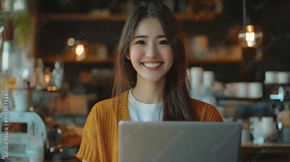 Aufkleber laptop business and remote work with asian woman in coffee shop for freelance career as editor or pu
