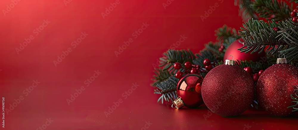 Poster Festive Christmas ornaments against a red backdrop with space for your own text in the picture. Creative banner. Copyspace image