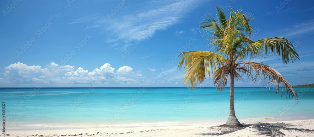 Poster A palm tree on a pristine beach with azure waters creating a serene scene with copy space image