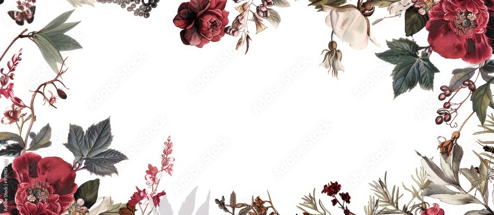 Poster isolated on a white background a floral frame featuring flowers and leaves with copy space image