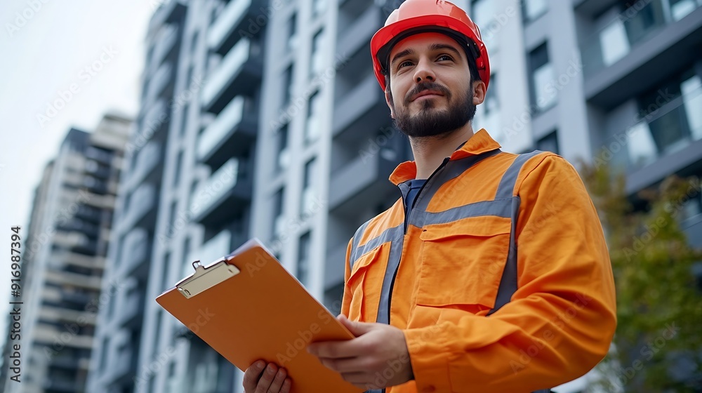 Poster Construction portrait man and architect with clipboard for building inspection and project management with ppe safety Engineer guy paper or checklist in city for property maintenance o : Generative AI