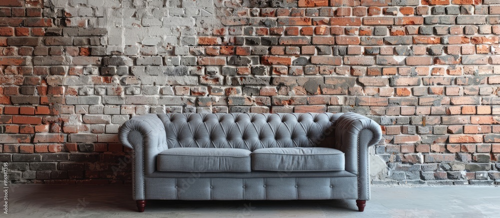 Aufkleber design banner with a grey sofa placed against a brick wall featuring ample copy space image