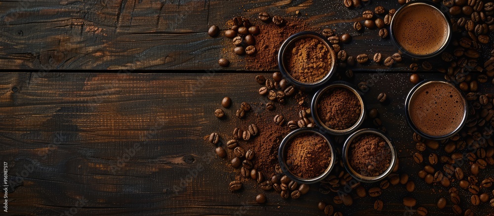 Poster ground coffee filled portafilters on a dark brown wooden surface with scattered coffee grains creati