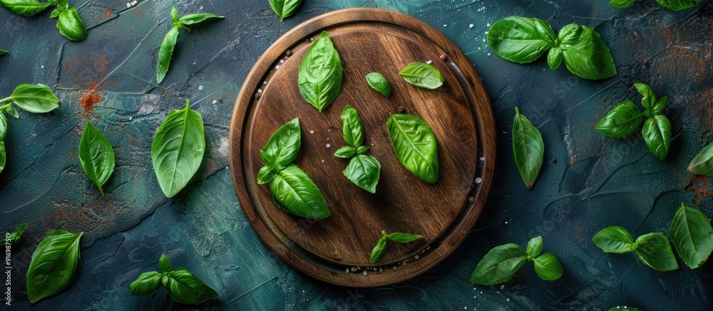 Poster top view of a round wooden cutting board with a spoon surrounded by basil leaves creating a healthy 