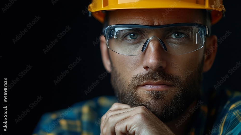Poster construction worker thinking serious man with ideas and architect or engineer in building industry o