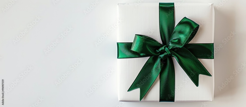 Poster top view of a white gift box with a green ribbon bow on a white background suitable for both christm